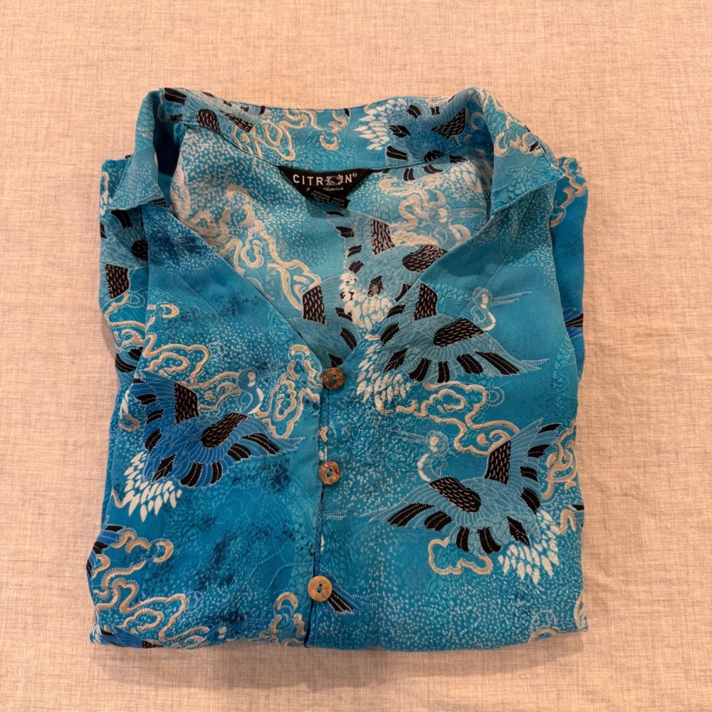 Citron Santa Monica 100% Silk Crane Print Blouse Blue Sleeveless Top Plus 1X - Picture 6 of 9